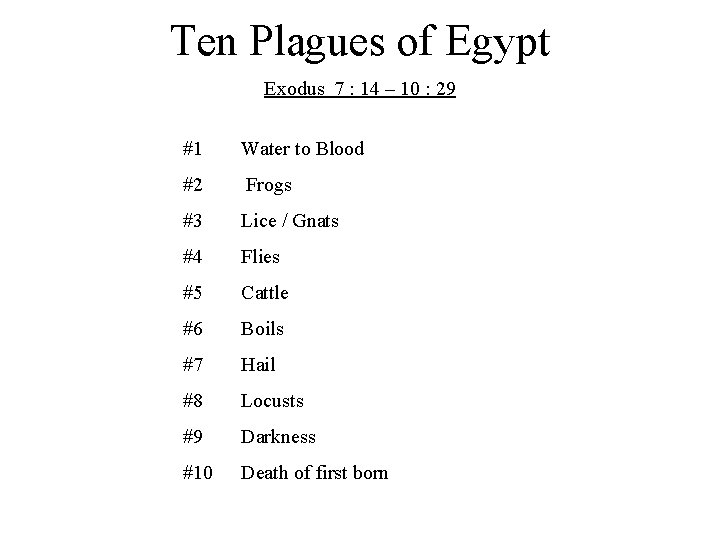 Ten Plagues of Egypt Exodus 7 : 14 – 10 : 29 #1 Water