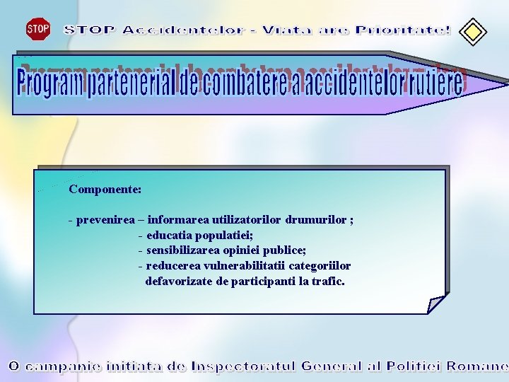 Componente: - prevenirea – informarea utilizatorilor drumurilor ; - educatia populatiei; - sensibilizarea opiniei