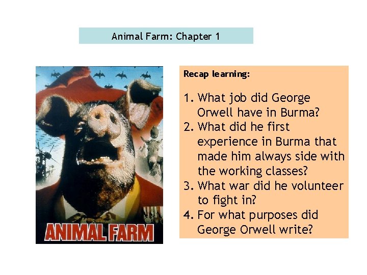 Animal Farm: Chapter 1 Recap learning: 1. What job did George Orwell have in