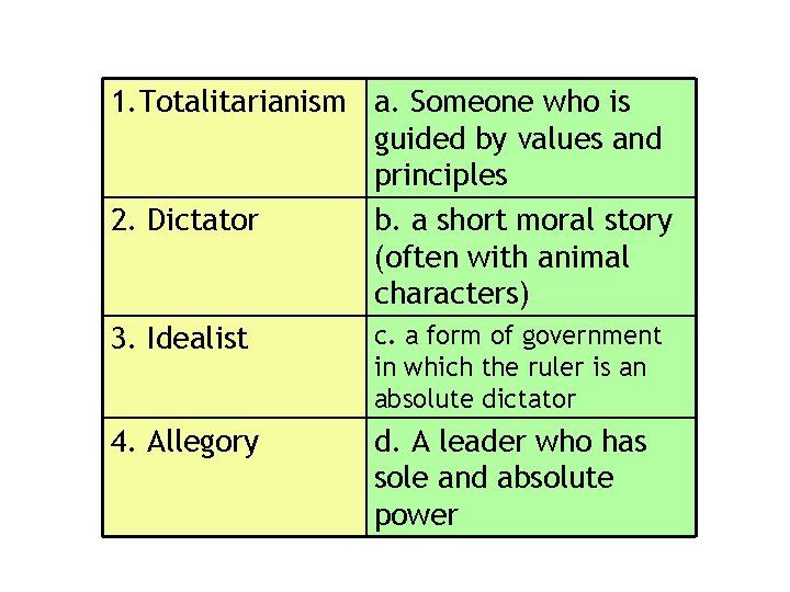 1. Totalitarianism a. Someone who is guided by values and principles 2. Dictator b.