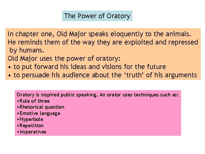 The Power of Oratory In chapter one, Old Major speaks eloquently to the animals.
