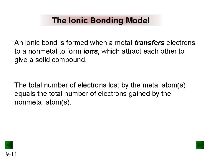 The Ionic Bonding Model An ionic bond is formed when a metal transfers electrons