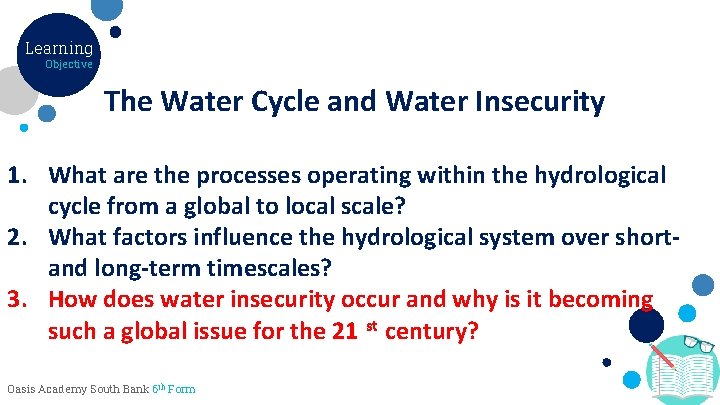 Learning Objective The Water Cycle and Water Insecurity 1. What are the processes operating