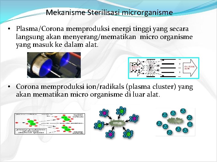 Mekanisme Sterilisasi microrganisme • Plasma/Corona memproduksi energi tinggi yang secara langsung akan menyerang/mematikan micro