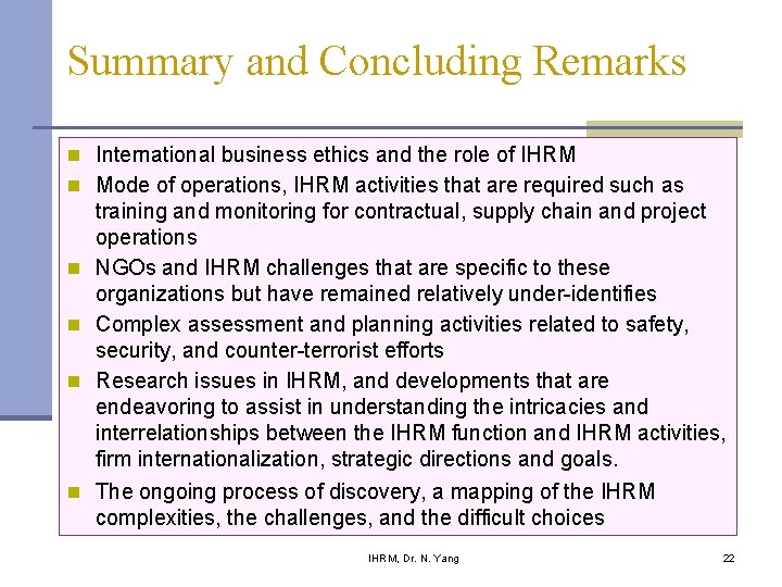 Summary and Concluding Remarks n International business ethics and the role of IHRM n