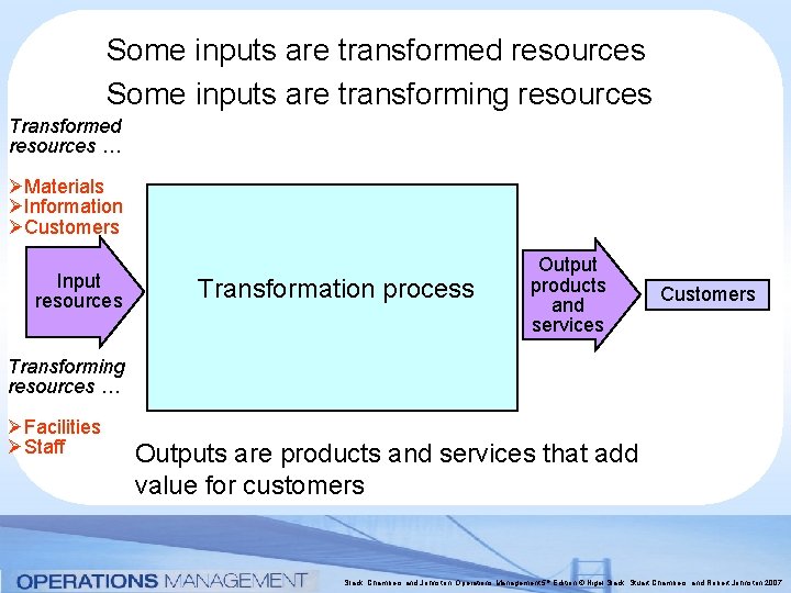 Some inputs are transformed resources Some inputs are transforming resources Transformed resources … ØMaterials