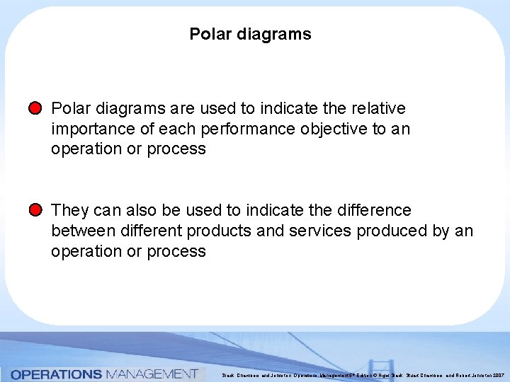 Polar diagrams are used to indicate the relative importance of each performance objective to