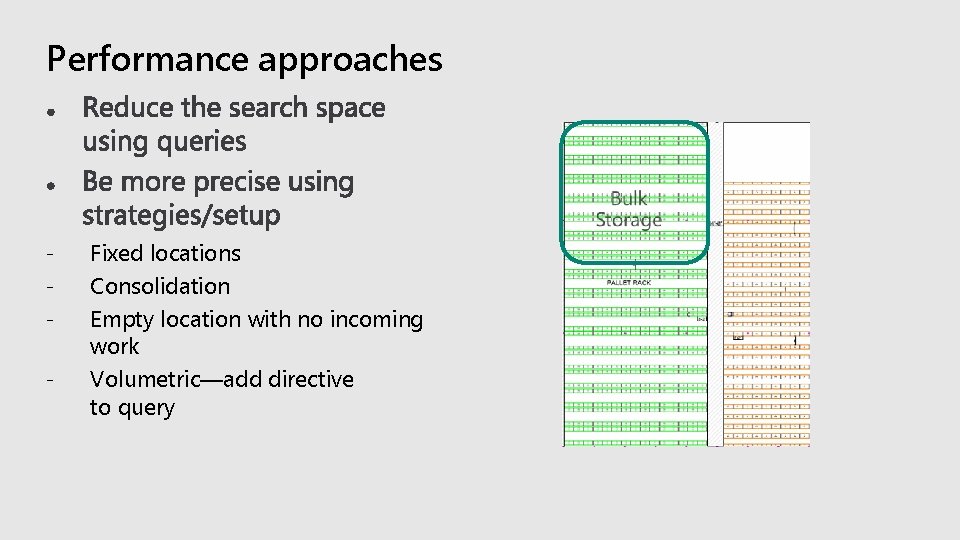 Performance approaches - Fixed locations Consolidation Empty location with no incoming work Volumetric—add directive Performance approaches - Fixed locations Consolidation Empty location with no incoming work Volumetric—add directive