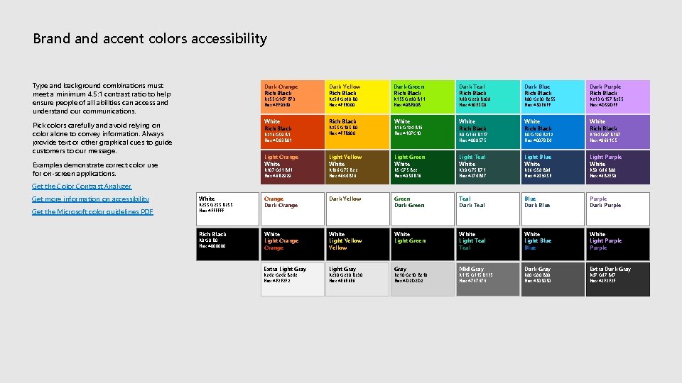 Brand accent colors accessibility Type and background combinations must meet a minimum 4. 5: