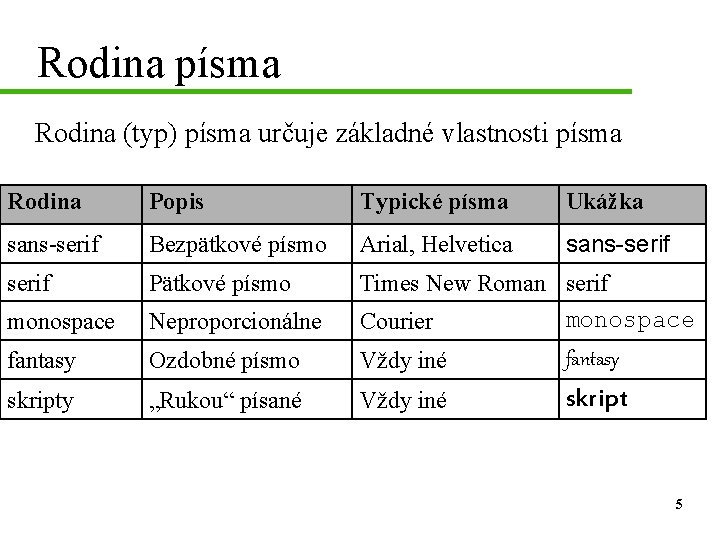 Rodina písma Rodina (typ) písma určuje základné vlastnosti písma Rodina Popis Typické písma Ukážka