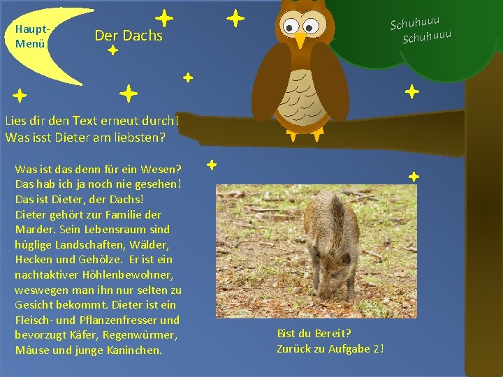 Haupt. Menü Schuhuuu Der Dachs Schuhuuu Lies dir den Text erneut durch! Was isst