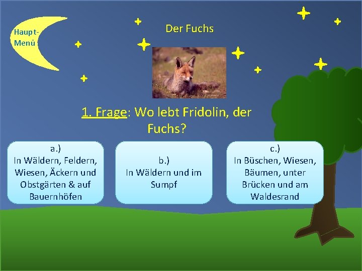 Der Fuchs Haupt. Menü 1. Frage: Wo lebt Fridolin, der Fuchs? a. ) In