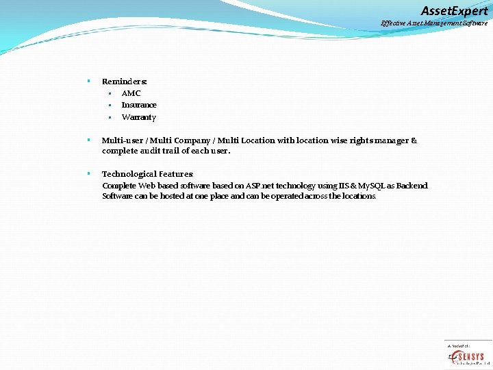 Asset. Expert Effective Asset Management Software § Reminders: § AMC § Insurance § Warranty