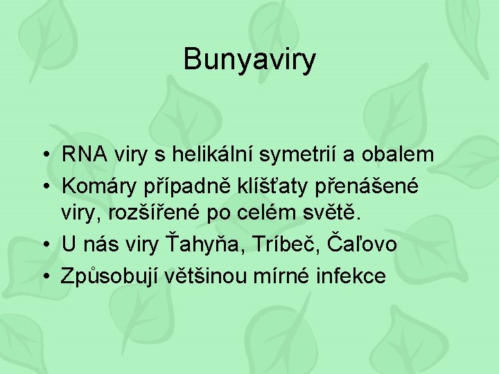 Bunyaviry • RNA viry s helikální symetrií a obalem • Komáry případně klíšťaty přenášené