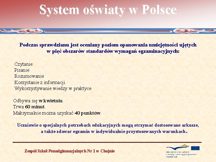 System oświaty w Polsce Podczas sprawdzianu jest oceniany poziom opanowania umiejętności ujętych w pięć