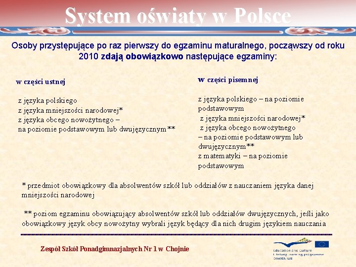 System oświaty w Polsce Osoby przystępujące po raz pierwszy do egzaminu maturalnego, począwszy od