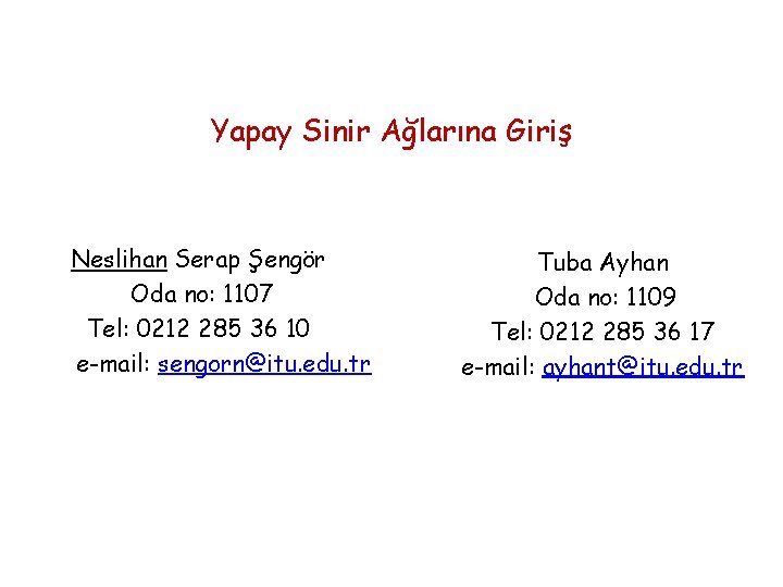 Yapay Sinir Ağlarına Giriş Neslihan Serap Şengör Oda no: 1107 Tel: 0212 285 36