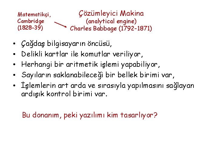 Matematikçi, Cambridge (1828 -39) • • • Çözümleyici Makina (analytical engine) Charles Babbage (1792