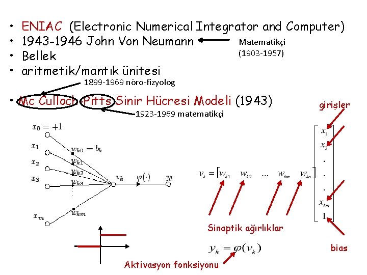  • • ENIAC (Electronic Numerical Integrator and Computer) Matematikçi 1943 -1946 John Von