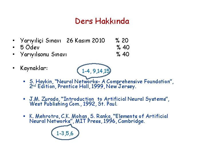 Ders Hakkında • Yarıyıliçi Sınavı 26 Kasım 2010 • 5 Ödev • Yarıyılsonu Sınavı