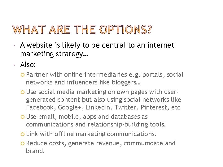  A website is likely to be central to an internet marketing strategy… Also: