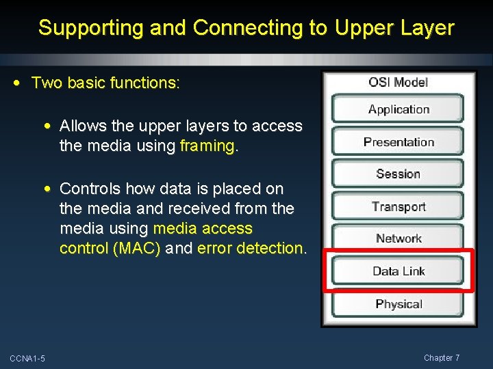 Supporting and Connecting to Upper Layer • Two basic functions: • Allows the upper