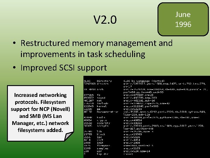 V 2. 0 June 1996 • Restructured memory management and improvements in task scheduling