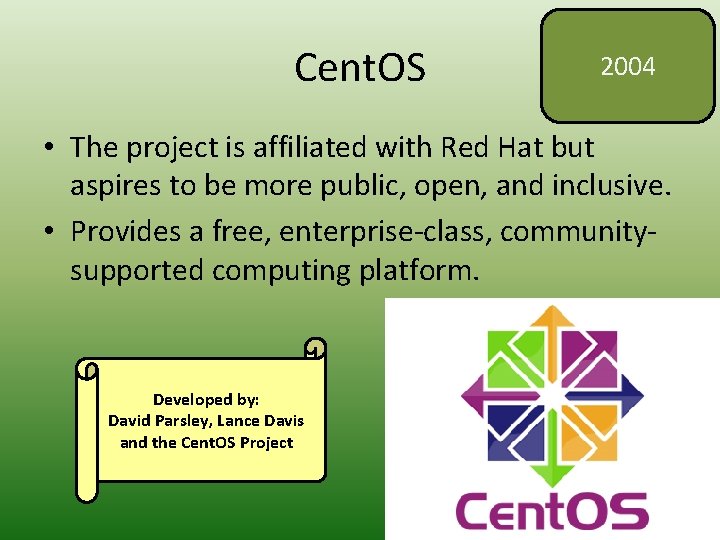 Cent. OS 2004 • The project is affiliated with Red Hat but aspires to