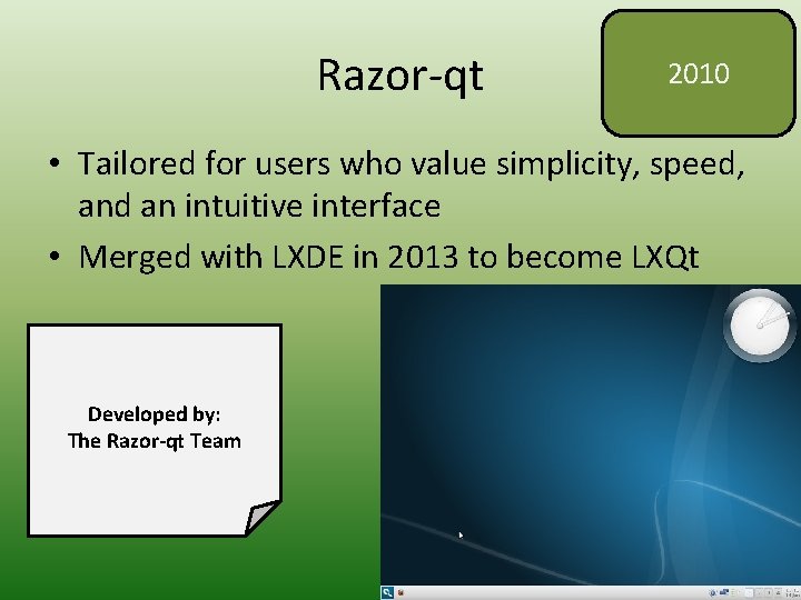 Razor-qt 2010 • Tailored for users who value simplicity, speed, and an intuitive interface
