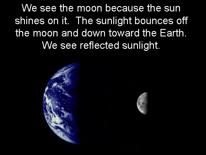 We see the moon because the sun shines on it. The sunlight bounces off