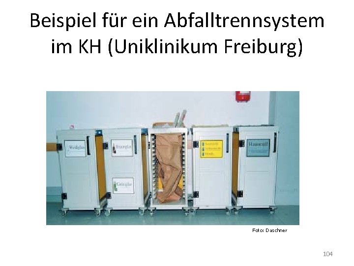 Beispiel für ein Abfalltrennsystem im KH (Uniklinikum Freiburg) Foto: Daschner 104 