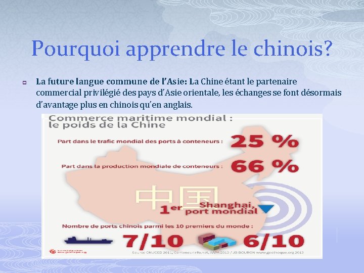 Pourquoi apprendre le chinois? p La future langue commune de l’Asie: La Chine étant