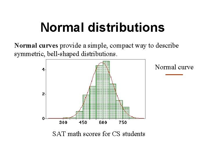 Normal distributions Normal curves provide a simple, compact way to describe symmetric, bell-shaped distributions.