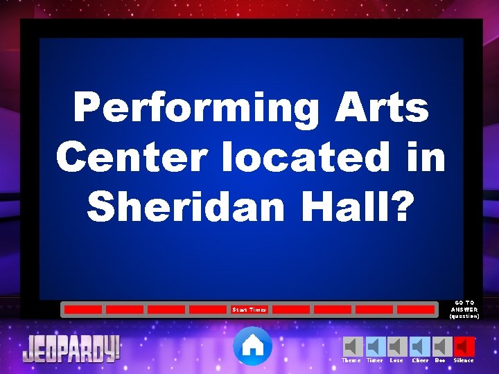 Performing Arts Center located in Sheridan Hall? GO TO ANSWER (question) Start Timer Theme