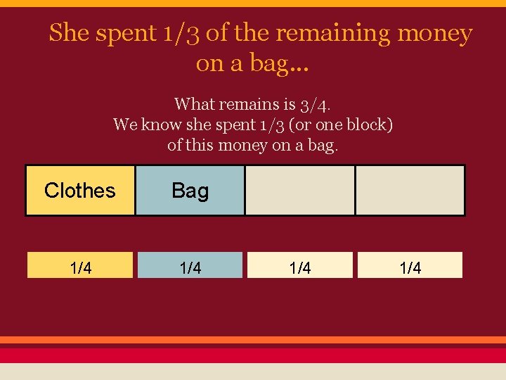 She spent 1/3 of the remaining money on a bag. . . What remains