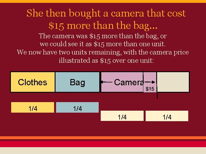 She then bought a camera that cost $15 more than the bag. . .