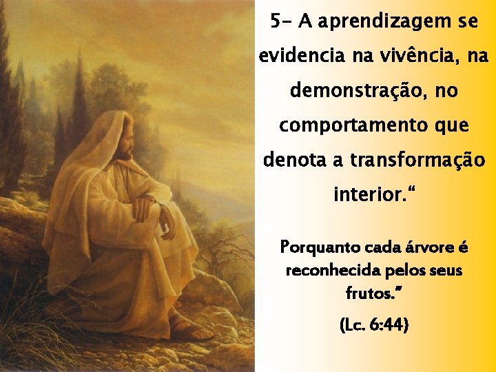 5 - A aprendizagem se evidencia na vivência, na demonstração, no comportamento que denota 5 - A aprendizagem se evidencia na vivência, na demonstração, no comportamento que denota