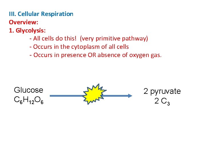 III. Cellular Respiration Overview: 1. Glycolysis: - All cells do this! (very primitive pathway)
