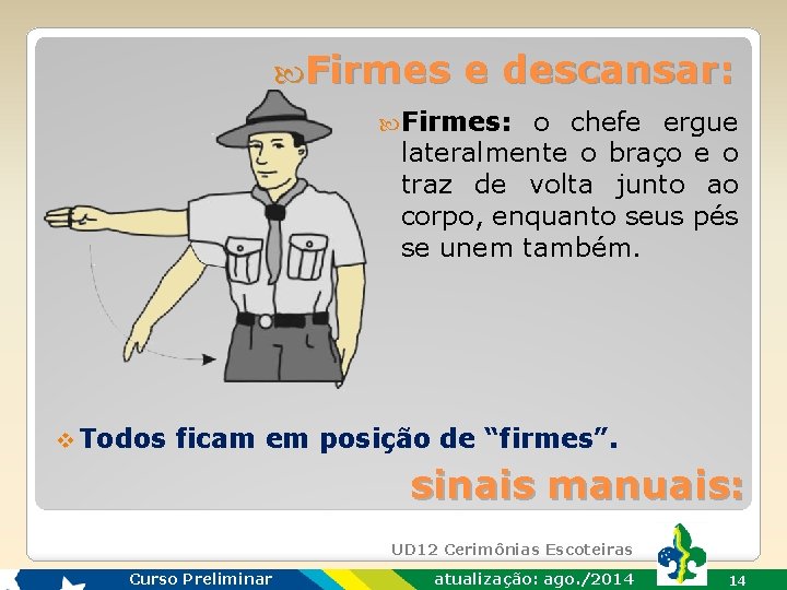  Firmes e descansar: Firmes: o chefe ergue lateralmente o braço e o traz