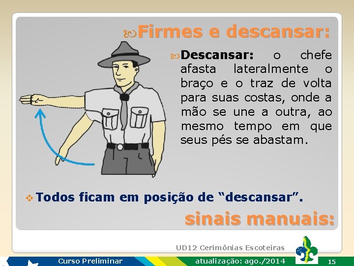  Firmes e descansar: Descansar: o chefe afasta lateralmente o braço e o traz