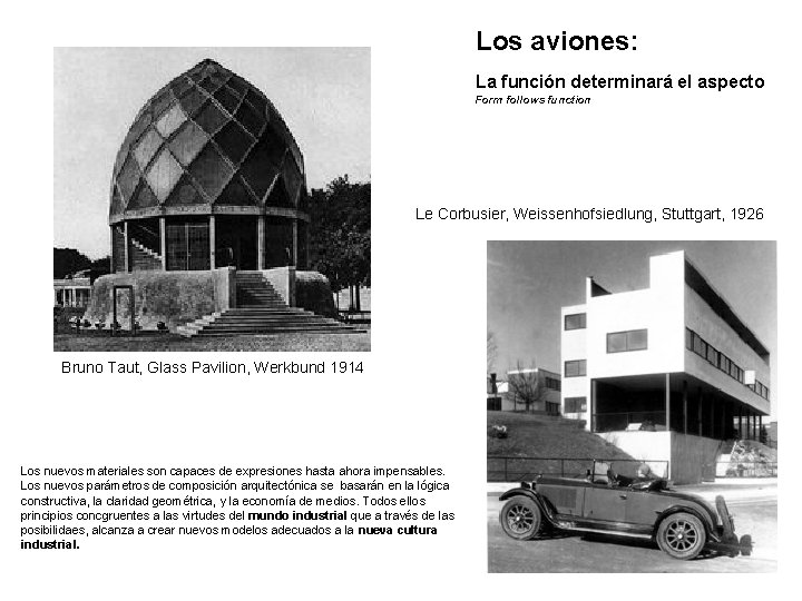 Los aviones: La función determinará el aspecto Form follows function Le Corbusier, Weissenhofsiedlung, Stuttgart,