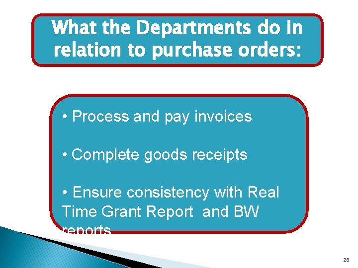 What the Departments do in relation to purchase orders: • Process and pay invoices