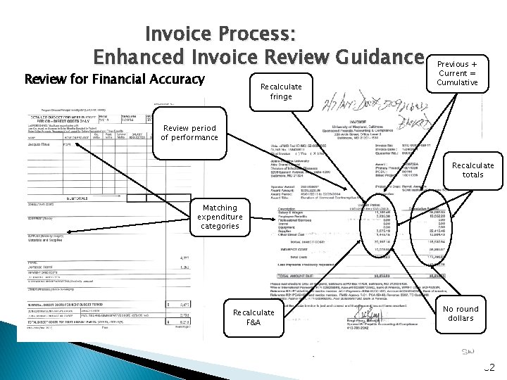 Invoice Process: Enhanced Invoice Review Guidance Review for Financial Accuracy Recalculate fringe Previous +