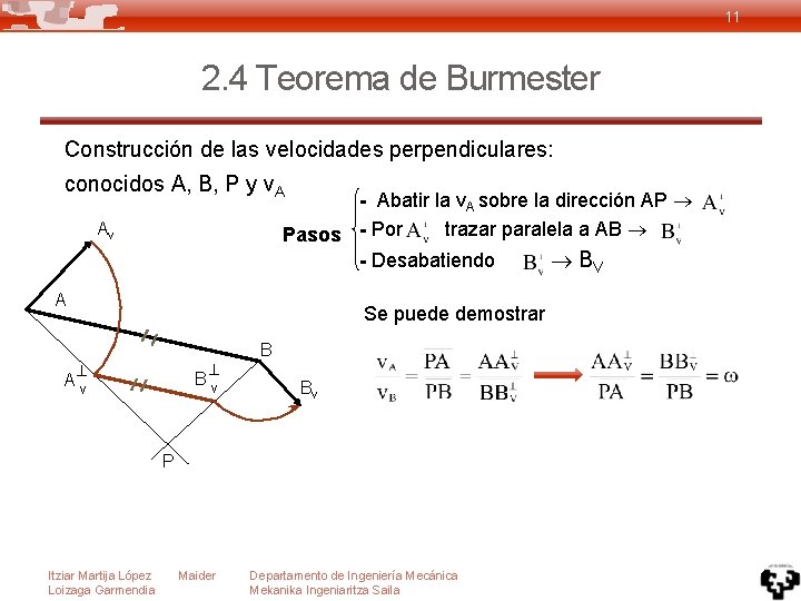 11 2. 4 Teorema de Burmester Construcción de las velocidades perpendiculares: conocidos A, B,