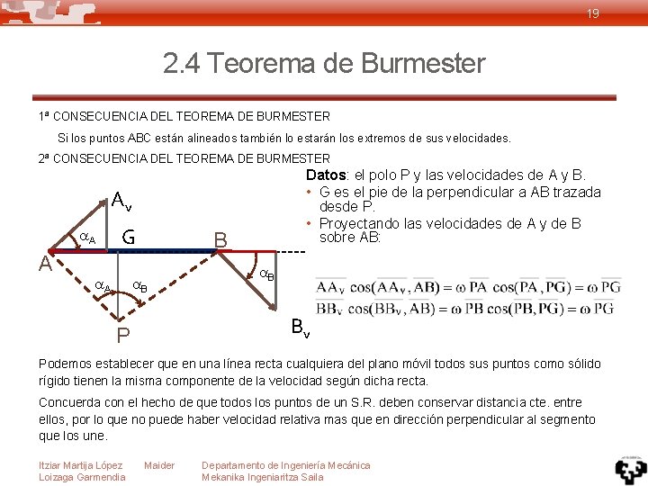 19 2. 4 Teorema de Burmester 1ª CONSECUENCIA DEL TEOREMA DE BURMESTER Si los