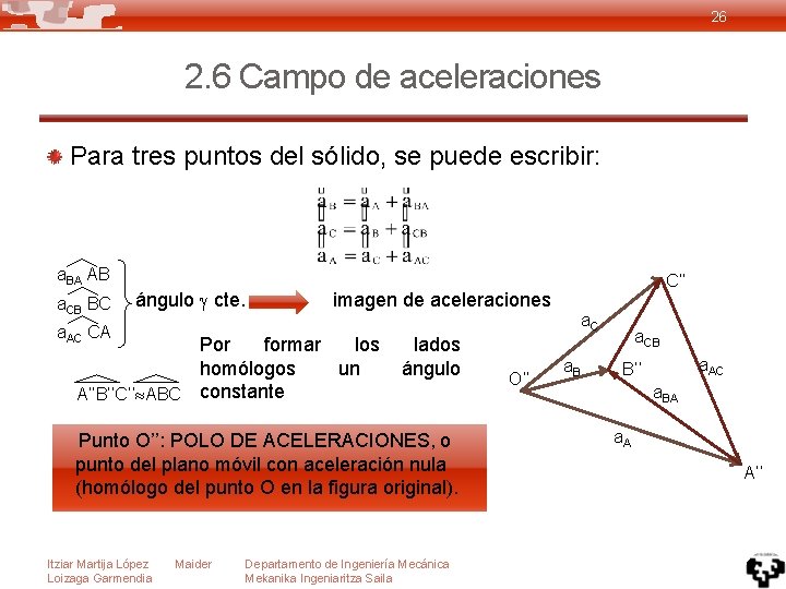 26 2. 6 Campo de aceleraciones Para tres puntos del sólido, se puede escribir: