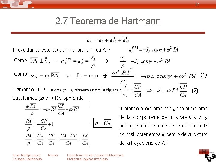 31 2. 7 Teorema de Hartmann Proyectando esta ecuación sobre la línea AP: Como