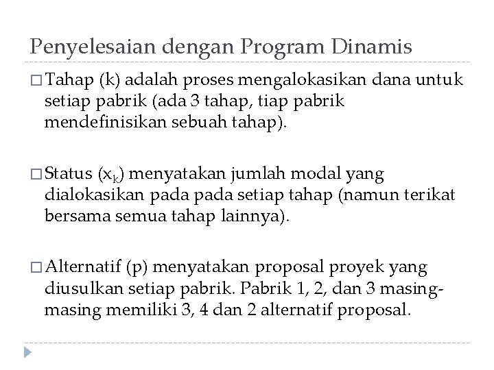 Penyelesaian dengan Program Dinamis � Tahap (k) adalah proses mengalokasikan dana untuk setiap pabrik