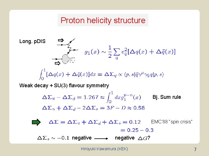 Proton helicity structure Long. p. DIS Weak decay + SU(3) flavour symmetry Bj. Sum