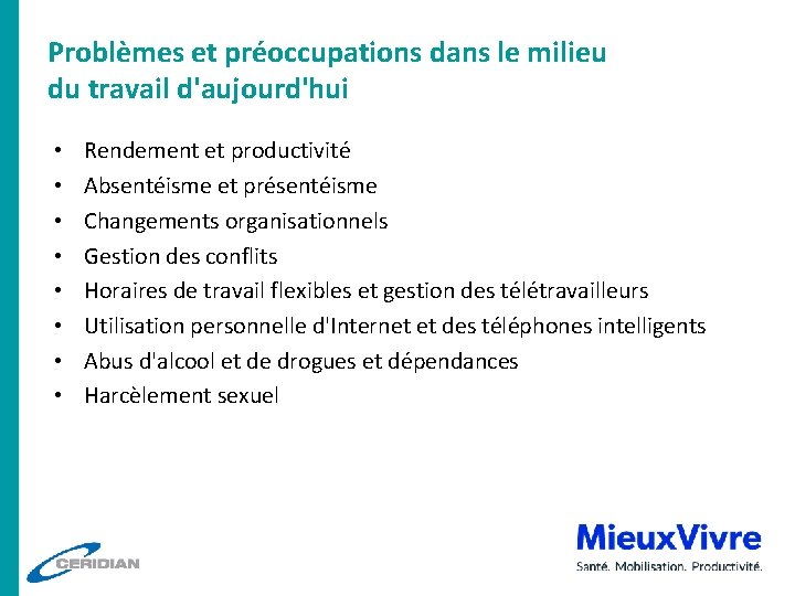 Problèmes et préoccupations dans le milieu du travail d'aujourd'hui • • Rendement et productivité